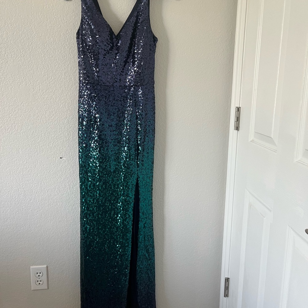 Sequin V-Neck Gown in Blue and Green perfect for mardis gras